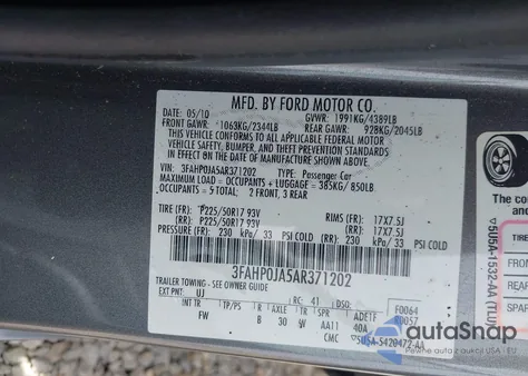 2010 Ford Fusion Sel из США, поврежденный, VIN 3FAHP0JA5AR371202